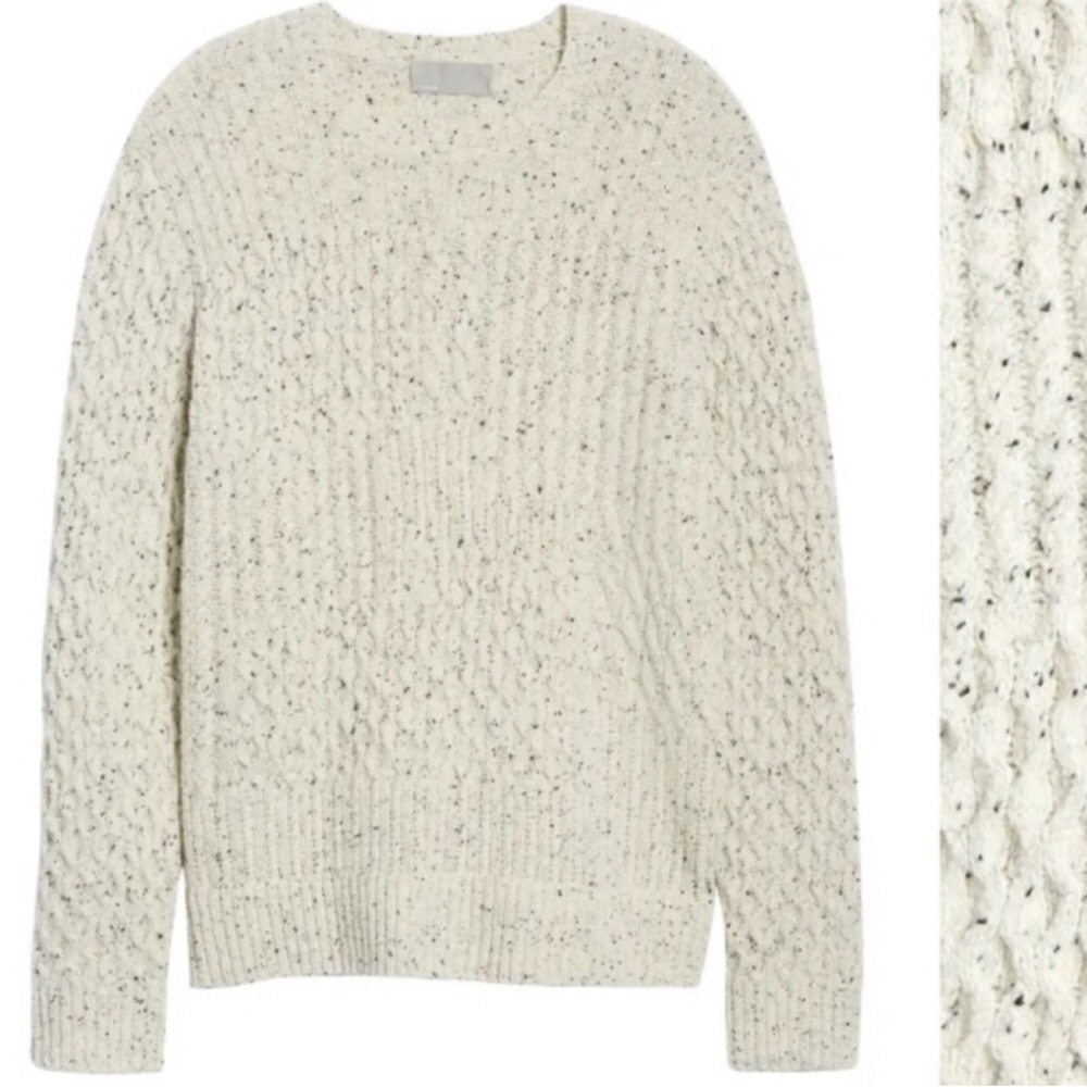 VINCE Cable Knit Speckled Crewneck Sweater Marled Ivory Wool Blend Fisherman - Picture 4 of 9